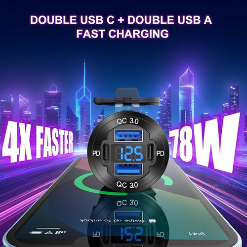2 Pack 4 Port 12V USB Outlet Aluminum Charger, 78W Dual PD & QC Multiple USB Port for Car, USB C Cigarette Lighter Replacement 12 Volt Socket with Voltmeter Waterproof for Marine Boat Motorcycle RV