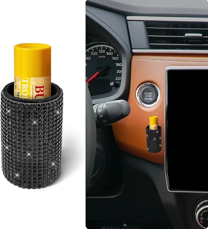 Upright Car Chapstick Holder, Bling Insulating Lip Balm Holder,Rhinestone Car Accessories for Women Interior,Suitable for Most Vehicles. (Black)