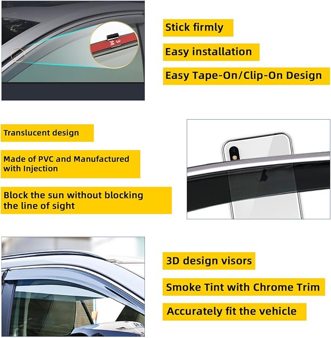4pcs Window Visors Compatible with 2020-2025 Explorer Smoke Tint with Chrome Trim Outside Mount Tape On/Clip On Style PVC Sun Rain Guard Vent
