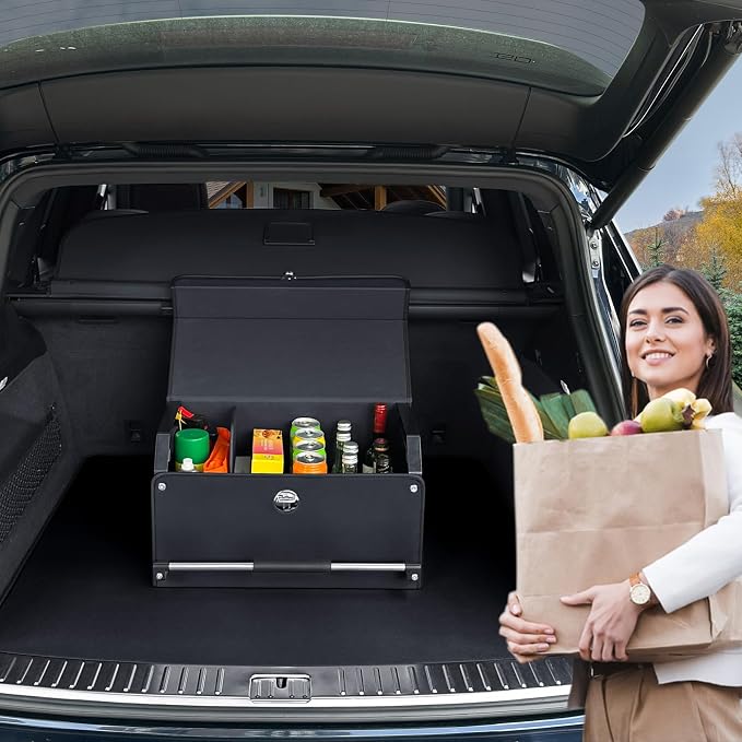 Car Trunk Organizer, Leather Trunk Organizer for SUV with Lid and Sturdy Handle Car Storage Organizer (Black, 20.47 x 11.42 x 12.2in)