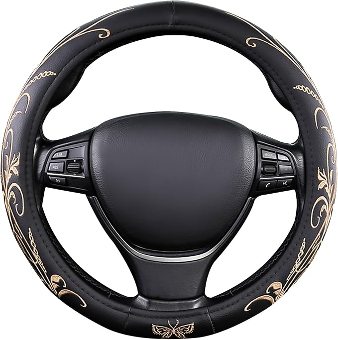Car Leather Steering Wheel Cover - Panapi Material, Universal 14.5-15 Inch Leather Anti-Slip Breathable Auto Steering Wheel Covers for Men Women (Embroidery-Beige)