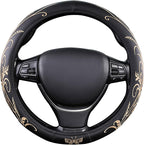 Car Leather Steering Wheel Cover - Panapi Material, Universal 14.5-15 Inch Leather Anti-Slip Breathable Auto Steering Wheel Covers for Men Women (Embroidery-Beige)