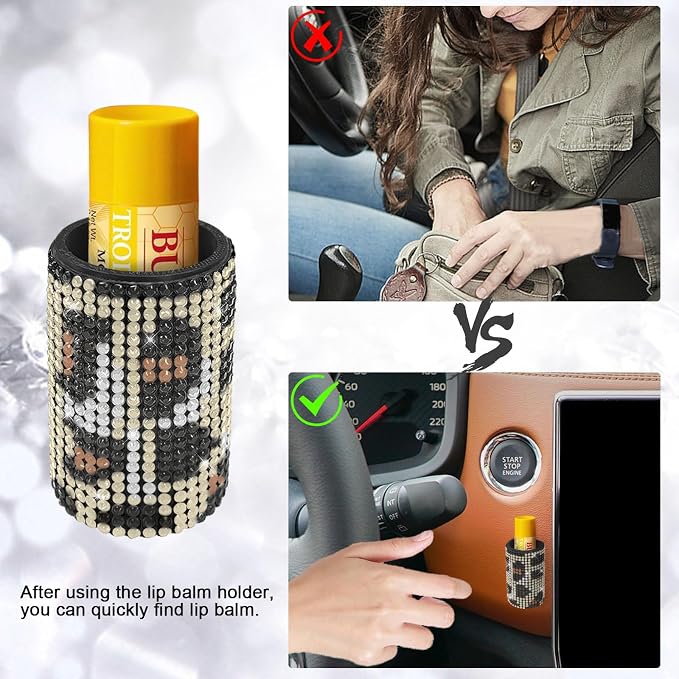 Upright Car Chapstick Holder, Bling Insulating Lip Balm Holder,Rhinestone Car Accessories for Women Interior,Suitable for Most Vehicles. (Leopard print)