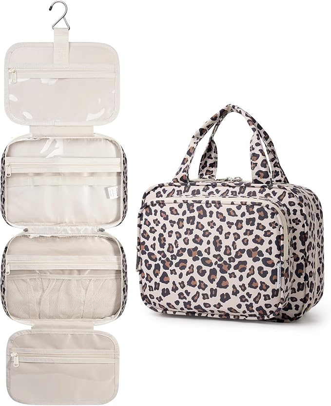 Hanging Toiletry Bag for Women, Travel Makeup Bag Organizer, Dry Wet Separation, Portable Bathroom Travel Bag for Toiletries, Cosmetics, Essentials, Brushes (Leopard)