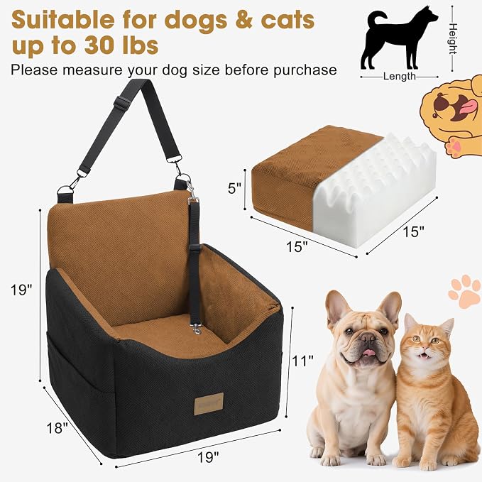 Dog Car Seats for Small Medium Dogs Under 35lbs, Dog Booster Seat with Detachable Washable Cover and Cushion, Memory Foam Pet Car Seat with Safety Belt and Storage Pockets (Brown)