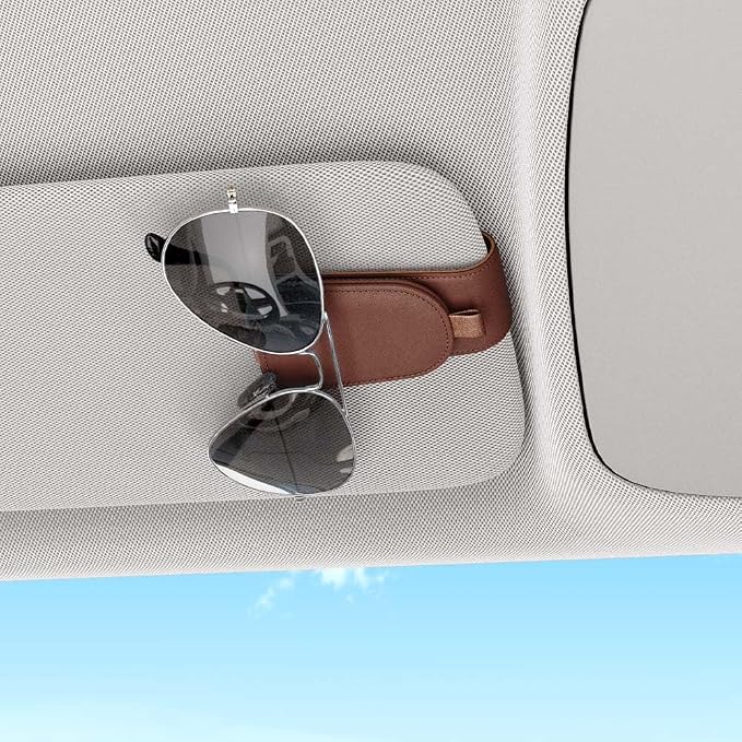 Sunglass Holder for Car Visor, Brown, 2 Packs | Suede Cloth, Magnetic, Organizer for Car Accessories