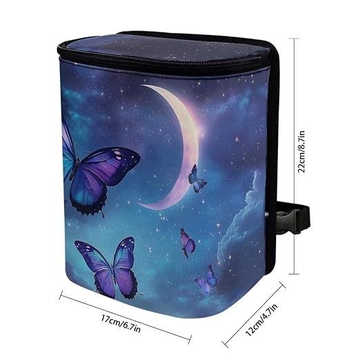 Butterfly Moon Cloud Galaxy Print Car Trash Can with Lid, Leak Proof Auto Trash Bag Hanging Vehicle Garbage Can Multipurpose Storage Container for Back Seat Road Trip