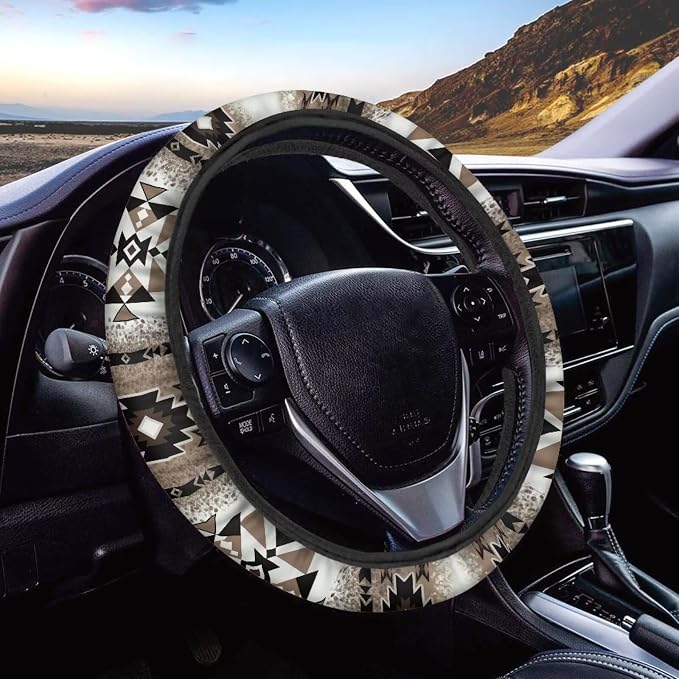 Southwestern Aztec Brown Auto Steering Wheel Cover Universal 15 Inch Diameter Anti-Slip Neoprene Car Steering Wheel Protector for Women Men