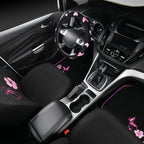 Universal Cloth Butterfly Car Seat Covers Full Set, Embroidered Flower Waterproof Car Floor Mats Carpet, Butterflies Steering Wheel Cover for Car Accessories Interior Sets (Black and Pink)