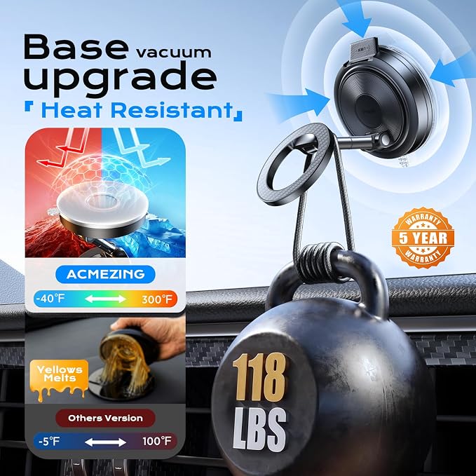 NeverDrop Magsafe Car Mount [2 Bases for Any Surface | 118+LBS Ultra Grip | 2400gf Strong Magnetic] 360° Adjustable Car Phone Holder, Phone Holders for Your Car for All Smartphones, Carbon Fiber