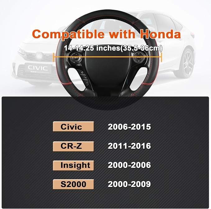 Steering Wheel Cover for Honda Civic(2006-2015),CR-Z, Insight, S2000 (Black+Red Line-Small Size)