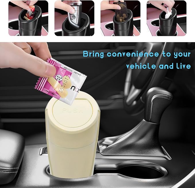 Car Trash Can Bin with Lid, Leakproof Auto Cup Holder Garbage Bin Multipurpose Storage Organizer, Mini Portable Dustbin Side Door Garbage Can for Vehicle Home Office (Beige)