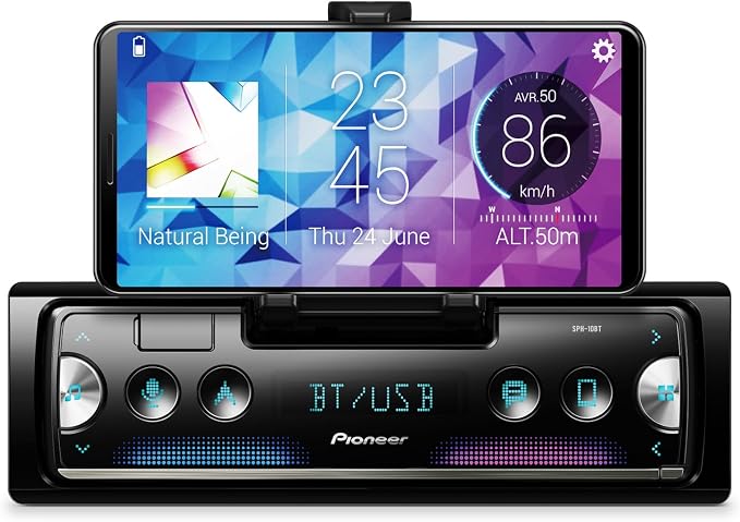 SPH-10BT 1-Din Smart Sync Receiver – Bluetooth, Smartphone Mount, Color Change, USB, FLAC, Voice Control, 50W x 4 Output, 13-Band EQ, AM/FM Radio, Front, Rear/SW Selectable RCA Preout
