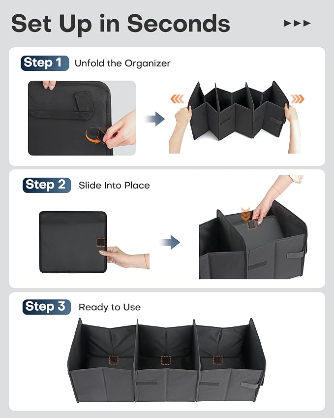 Tactical Car Trunk Organizer - Foldable Trunk Organizer for SUV with Front MOLLE Pocket & Reflective Strips, Essential Car Accessories for Tools & Outdoor Storage, 11.6" x 31.9" x 11.0", Black