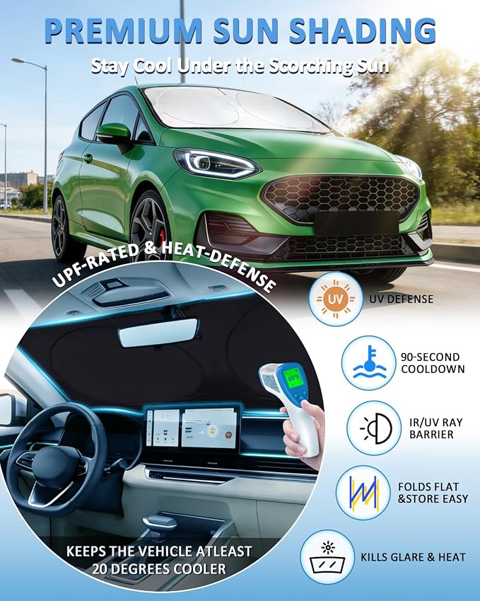 Windshield Sun Shade for Ford Fiesta 2017-2023 2024 2025 2026, Custom-Fit Fiesta Sun Visor Protector, 99% UV Block Heat Sun Shield, Silver Reflective Front Window Sunshade