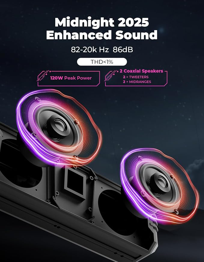2025 Midnight 40 16-inch UTV Sound Bar, IP65 Water-Resistant Golf Cart Sound Bar, ATV Speaker Bluetooth with RGB, SxS Soundbar Compatible with Polaris RZR Can-Am, Fits/ 1-2 in Roll Bar