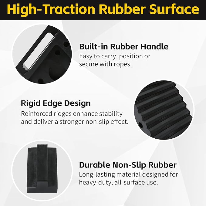 Solid Rubber Wheel Chock 2-Pack | 8" x 4" x 6" Heavy-Duty Tire Stop | Non-Slip Traction Pads | Built-in Handle | All-Weather Vehicle Safety Block | Black | (70472)