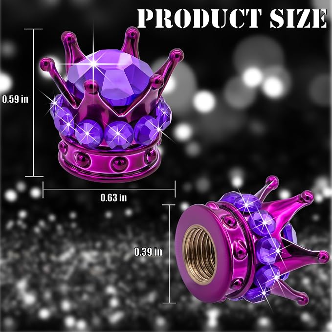 4PCS Crown Bling Tire Stem Valve Caps, Crystal Diamond Car Wheel Tire Valve Caps Universal Copper Core Stem Covers for Cars, SUV, Trucks, Bikes, Motorcycles, Bicycles (Purple)