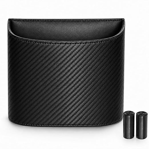 Leather Car Trash Can – Leakproof & Easy-to-Clean Car Garbage Can for Luxury Cars, SUVs & Trucks | Includes 60 Custom Liners, Secure Hook, Easy Install, Carbon Fiber