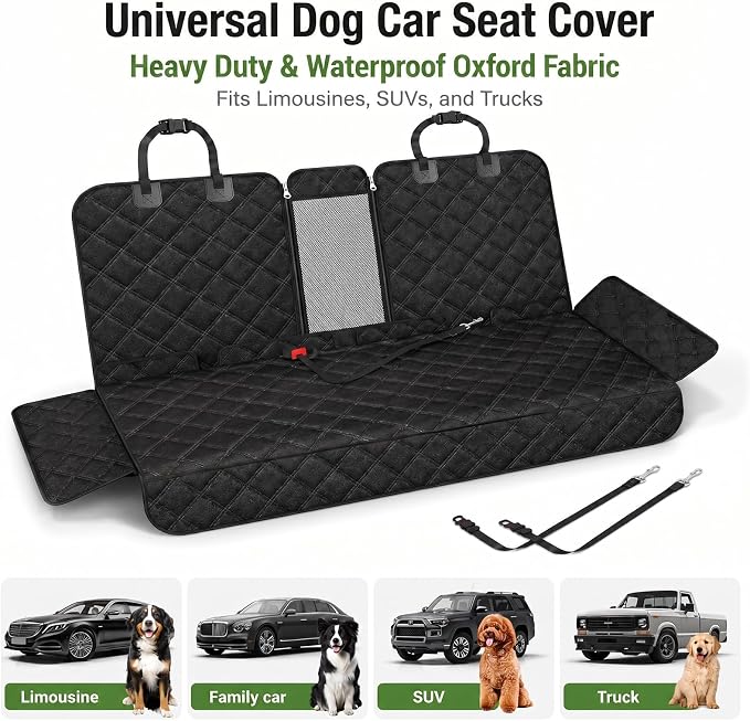 Dog Car Seat Cover for Back Seat, Waterproof 600D Oxford Pet Seat Protector for Cars SUVs Trucks, Heavy Duty Non-Slip Rear Bench Cover, Machine Washable Scratchproof - Black