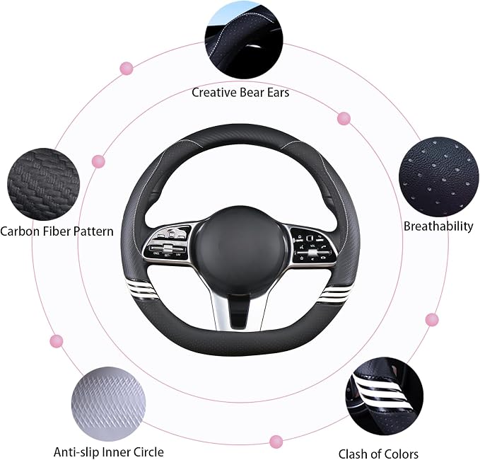 Cute Steering Wheel Cover D Shape for Women Men Breathable Universal 15 inch,Black