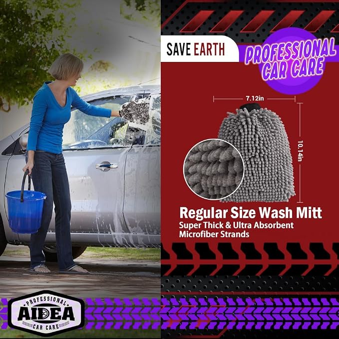 AIDEA Car Wash Mitt Microfiber, 1PK, Car Wash Brush, Grey, 7.12' X10.14'' | Scratch Free Lint Free Premium Chenille Microfiber Mitt, Cleaning Supplies, Regular Size