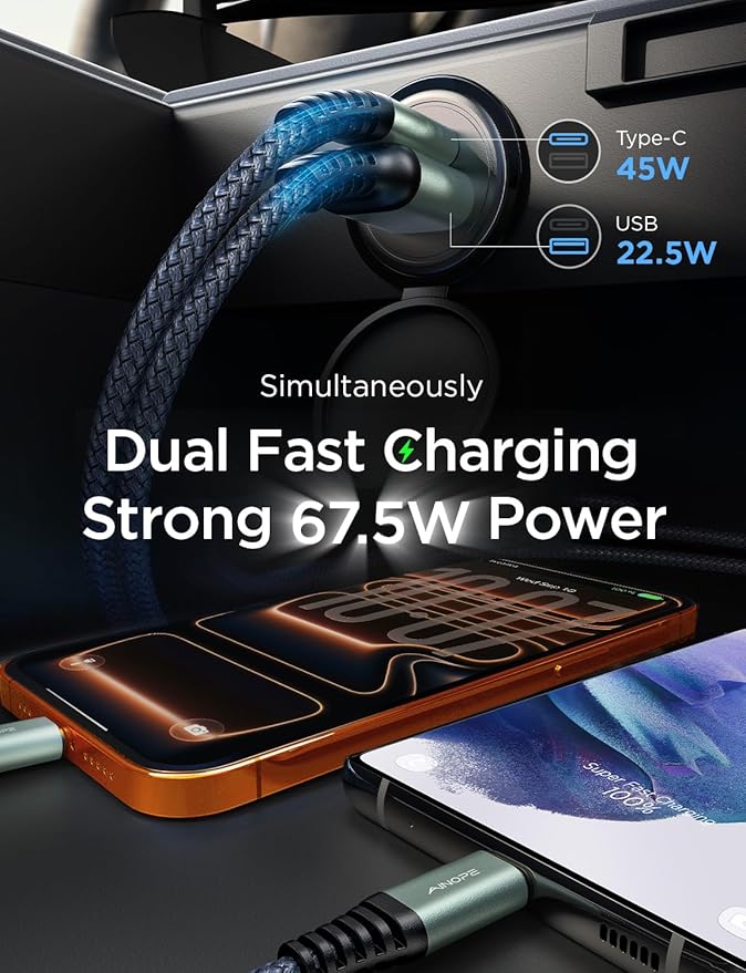 AINOPE 67.5W [Mini&Metal] Cigarette Lighter Adapter Car Charger USB C Fast Charging, PD&QC Cigarette Lighter USB Charger 12V Outlet Plug Socket for iPhone 17 16 15 14 Pro Max, Samsung S26 S25