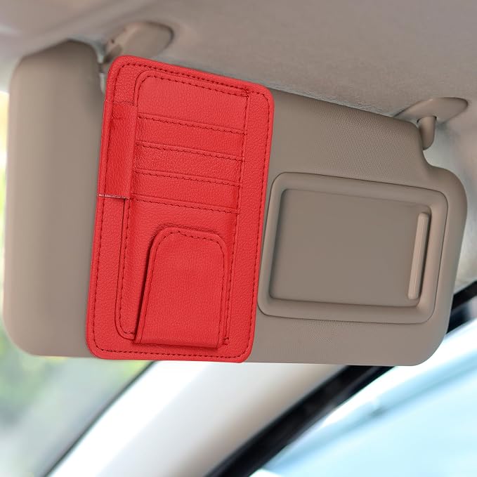 Car Sun Visor Organizer 6.02" x 4.76" Leather Multi-Pocket Visor Card Sleeve Pocket Car Truck SUV Interior Storage Pouch for Driving License Credit Cards Bills Sunglasses, Red