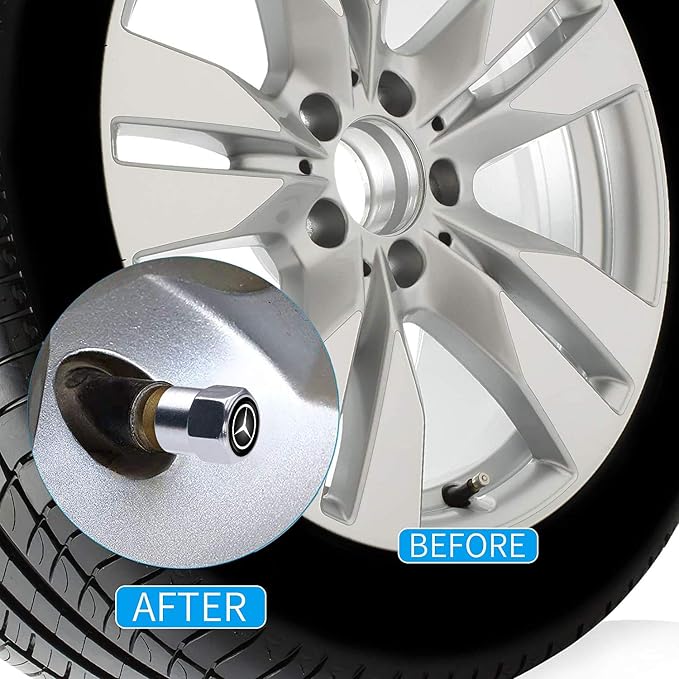 Aluminum Alloy Car Tire Valve Stem Caps Compatible with Mercedes Benz AMG A-Class C-Class E-Class S M CLS CLK GLE GLC GLS GLE Anti-Corrosion Dustproof Car Wheel Men Gift Car Accessories (Silvery)