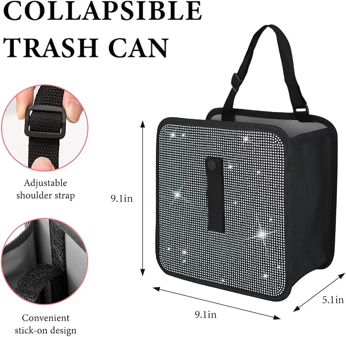 Car Foldable Trash Can, Bling Rhinestone Oxford Garbage Container Hanging Waterproof Organizer, Mini Crystal Dustbin Waste Basket Leakproof Trash Bin for Car Office Kitchen (White)