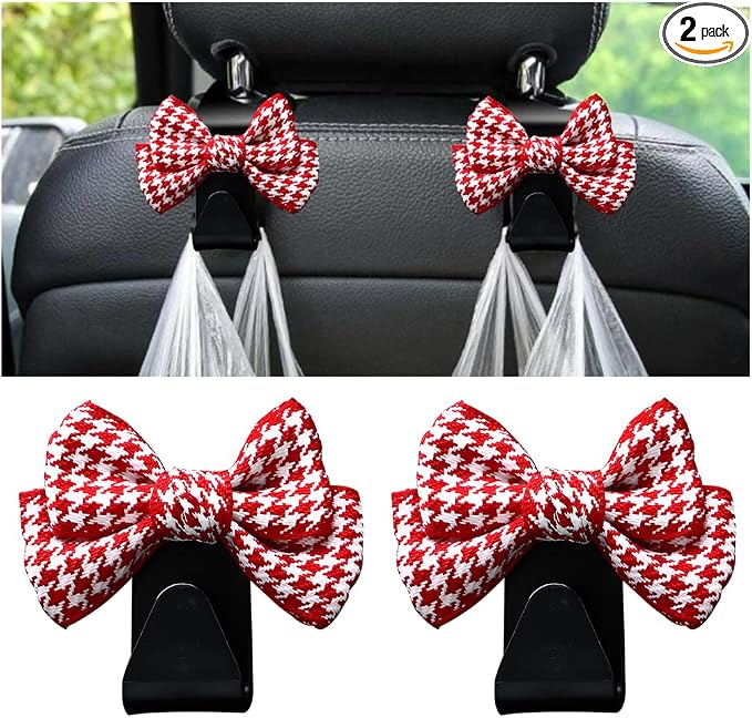 Mandark 2PCS Car Seat Headrest Hooks, Cute Bow Vehicle Hooks for Purses and Bags, Automotive Purse Hook Hanger Interior Decoration Accessories, Universal for SUV, Sedan, Truck (Red/Small)