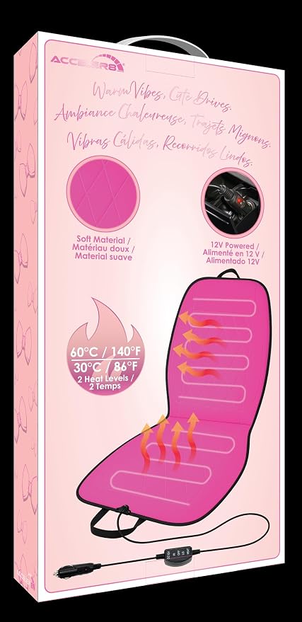12V Heated Vehicle Seat Cushion Cover with 2 Heat Levels - Color Pink