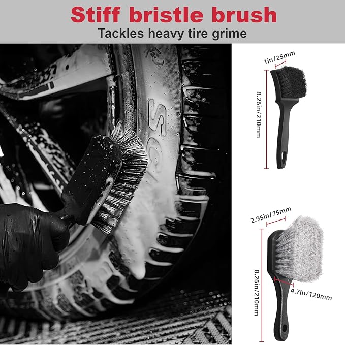 9PCS Wheel Detailing Kit Metal-Free Scratch-Free Boar Hair Rim Brush | Scratch-free boar hair & microfiber, dual-hardness tire pads, towel, storage bag, multi-vehicle wheel care gift set
