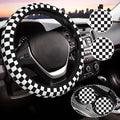 Black and White Checkered Steering Wheel Cover for Women, Universal Auto Steering Wheel 14-15 Inch Car Interior Accessories with 2PCS Car Coasters, Suitable for Men and Women