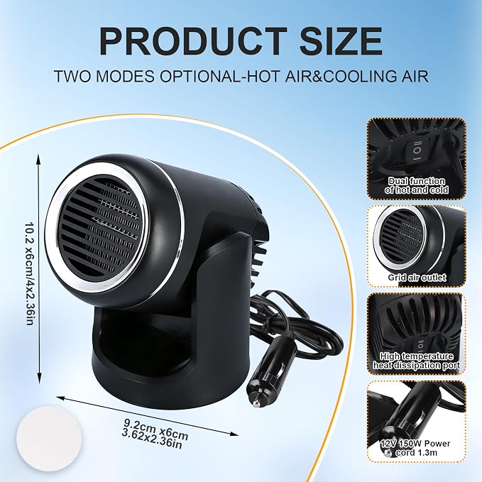 12V 150W Portable Car Heater with Quick-Start Heating, 360-Degree Rotary Defroster and Fast Demisting Cooling Air Purify,Small and portable