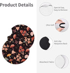 Mushroom Steering Wheel Cover 3Pcs Set Woodland 15" +2 Car Coasters | Anti-Slip Breathable Neoprene, Universal Fit, Fern Pattern, Car Interior Accessories, Cute Nature Gift for Men Women
