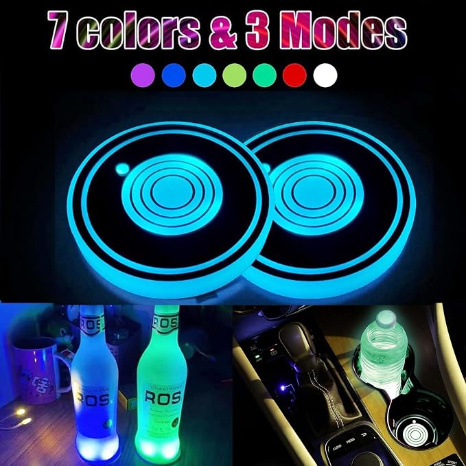 2PCS LED Car Cup Holder Lights, Car Coasters for Cup Holders 7 Colors Changing USB Charging Mat Waterproof Cup Pad, Car Gifts for Men & Women