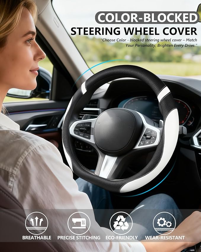 D-Shaped Flat Bottom Steering Wheel Cover for Women Girl - Stylish Car Accessory (White)