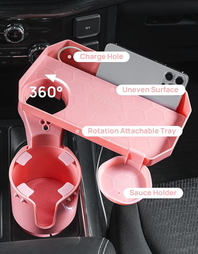 Cup Holder Tray for Car, Car Cup Holder Expander with 360°Rotation Tray, Large Cup Drink Holder Fit for Yeti/Hydro Flask, Detachable Food Tray Table, Pink Car Accessories