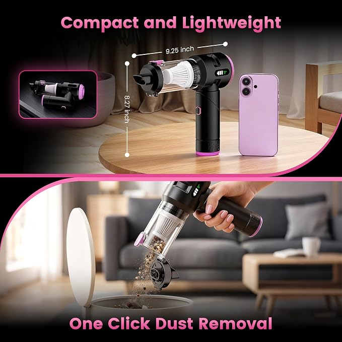 Handheld Car Vacuum Cleaner,25000PA Strong Cyclonic Suction Foldable Mini Vacuum Portable Cordless with Digital Display and One Touch Dust Removal for Car, Home, Office, Kitchen (Purple)