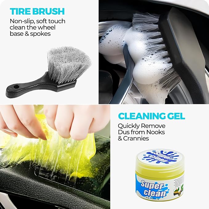 30Pcs Car Detailing Kit for Interior, Exterior and Wheel Cleaning | Brushes, towels, wash mitt, cleaning gel, detail brushes and extendable-handle duster for vehicle, home and office care tasks