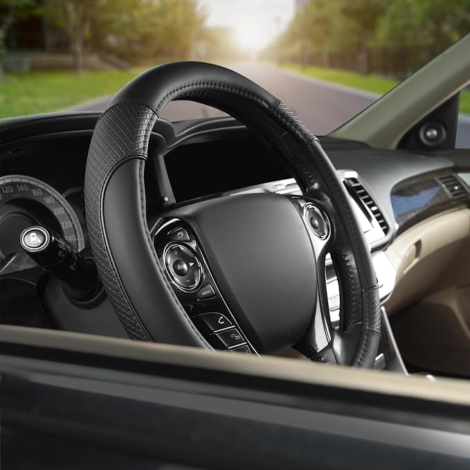 Microfiber Leather Steering Wheel Cover for Honda Accord,Civic,CR-V,HR-V,Pilot(Diamond-Pattern-Black-Standard Size)