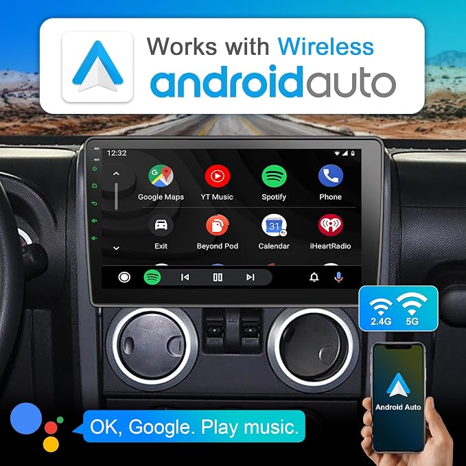8 Core Car Radio Stereo Upgrade Android for Jeep Wrangler JK 2007-2018 with Wireless CarPlay/Android Auto, 10.2 '' Touchscreen Head Unit GPS WiFi AM/FM SWC