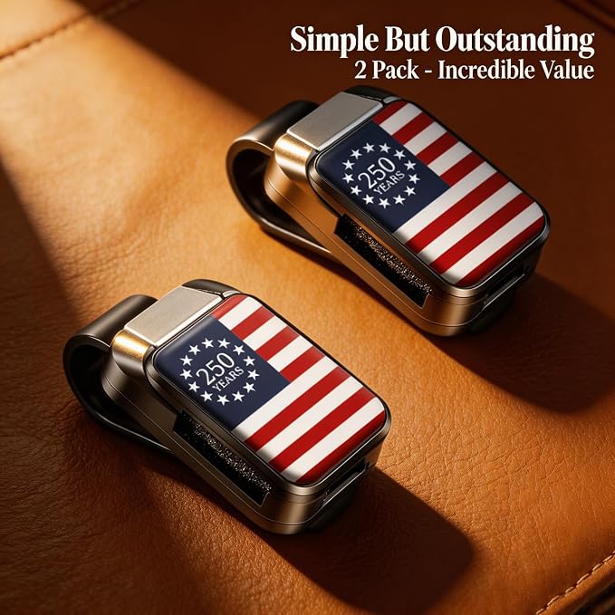 2 Pack Sunglasses Holder for Car, One-Handed-Operation Visor Sunglass Holder Clip, Easy Access Storage for Driving,Universal Fits (Black-250th Anniversary American Flag)