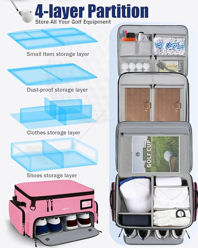 Golf Trunk Organizer, Waterproof Car Golf Locker with Separate Ventilated Compartment for 2 Pair Shoes, Golf Storage for Balls, Tees, Cap, Clothes, Gloves, Accessories, Gifts for Men, Women