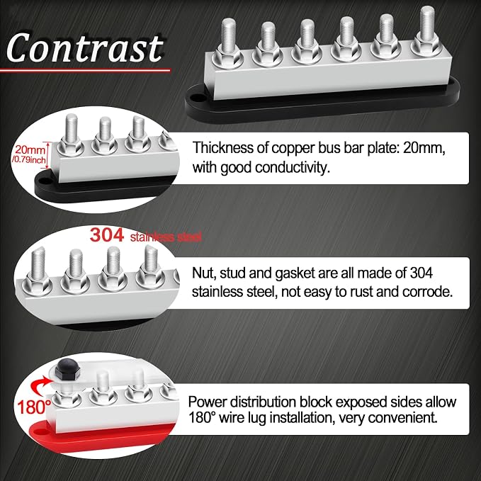 650A Bus Bar 12V Marine 3/8" Power Distribution Block Automotive Busbar Terminal Block,Battery Buss Bar (Pair, Red & Black) 6 x 3/8" Post