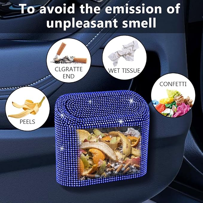 Car Trash Can with Lid, Mini Vehicle Trash Bin Car Dustbin Garbage Organizer,Bling Crystal Automotive Garbage Can Bin Trash Container for Auto Cars, Home, Office,Deep Blue