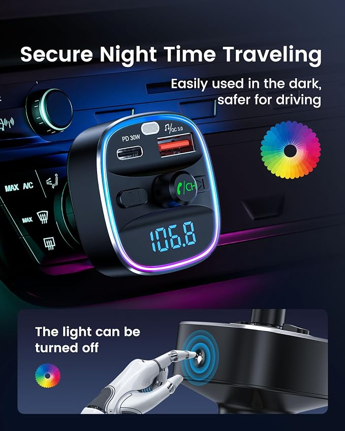 Bluetooth 5.4 FM Transmitter Car Adapter 48W [PD 30W & 18W] [7 Color Light] [Fast Charging] Wireless Radio Music Adapter Hands-Free Calling, Support USB Drive & TF Card