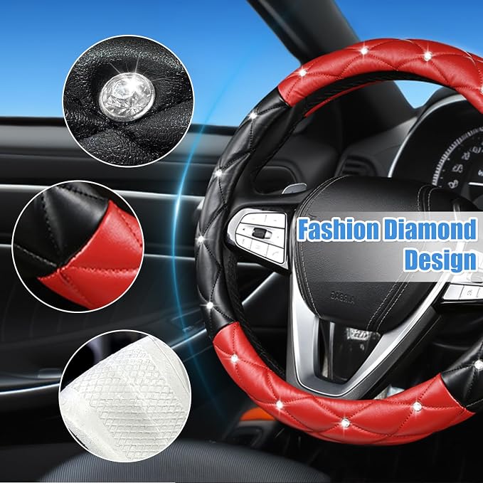Black and Red Steering Wheel Cover, Auto Diamond Style Cute Bling Comfort Car Interior Accessories Protector Sparkly Fit Most O-Shaped Steering Wheels