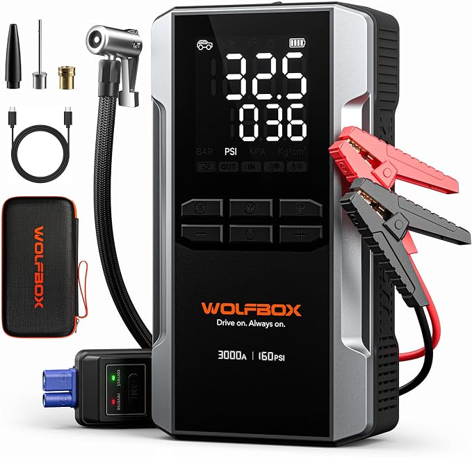 MV16A 3000A Jump Starter with Air Compressor, 59.2Wh&160PSI Portable Car Battery Jump Starter with 65W Fast Charging, 12V Battery Pack (8L Gas 6L Diesel) with Boost, Light and Jumper Cables